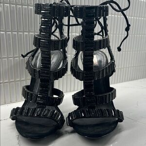 Black High-Heeled Strappy Sandals with Stones